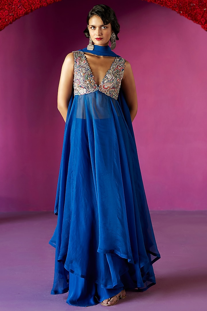 Royal Blue Raw Silk & Organza Zardosi Embroidered Bridal Anarkali Set by Mrunalini Rao at Pernia's Pop Up Shop
