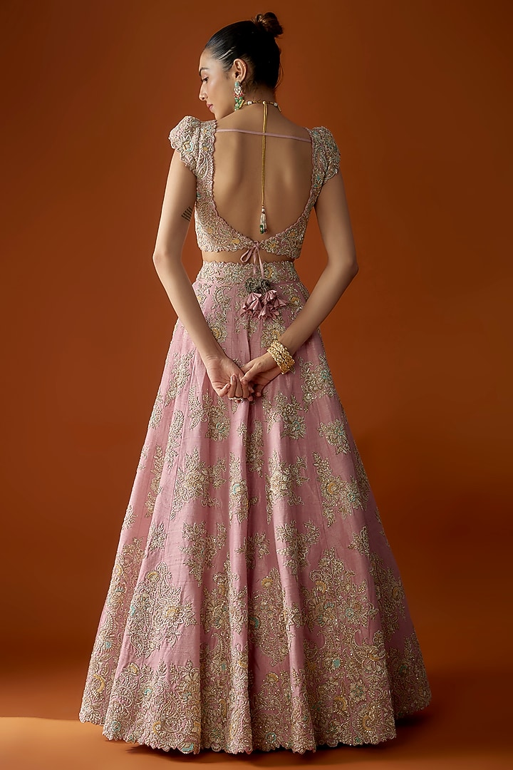 Pastel Pink Pure Silk Zardosi Embroidered Bridal Lehenga Set by Mrunalini Rao at Pernia's Pop Up Shop