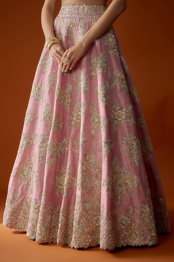 Pastel Pink Pure Silk Zardosi Embroidered Bridal Lehenga Set by Mrunalini Rao at Pernia's Pop Up Shop