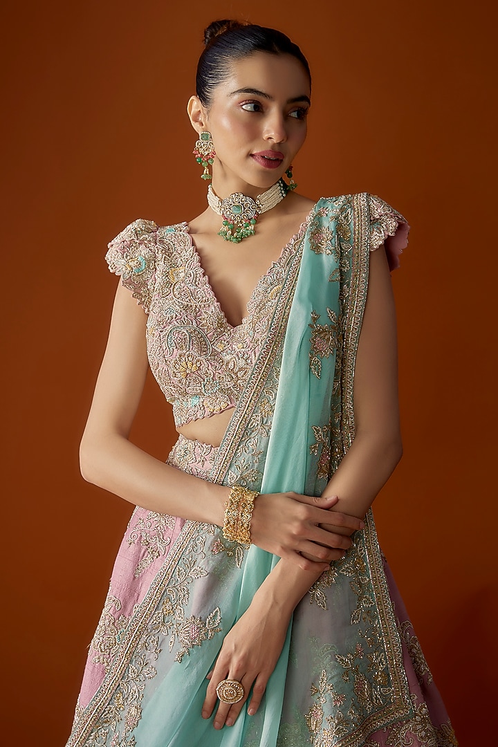 Pastel Pink Pure Silk Zardosi Embroidered Bridal Lehenga Set by Mrunalini Rao at Pernia's Pop Up Shop