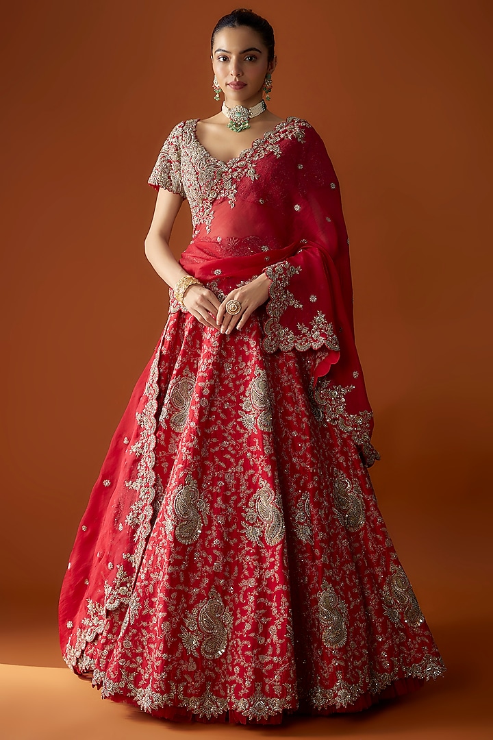 Red Raw Silk Zardosi Embroidered Bridal Lehenga Set by Mrunalini Rao at Pernia's Pop Up Shop