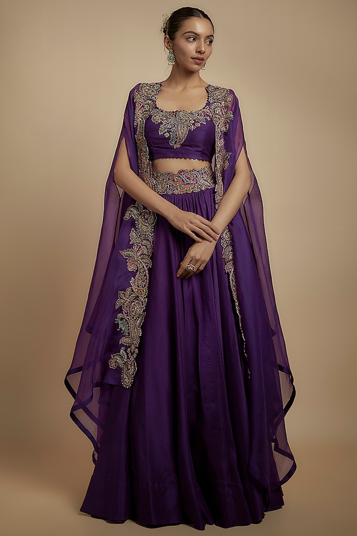 Purple Raw Silk Zardosi Embroidered Wedding Lehenga Set by Mrunalini Rao at Pernia's Pop Up Shop