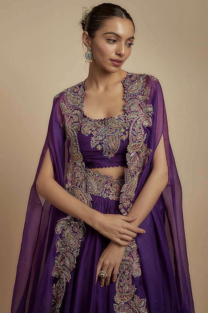Purple Raw Silk Zardosi Embroidered Wedding Lehenga Set by Mrunalini Rao at Pernia's Pop Up Shop