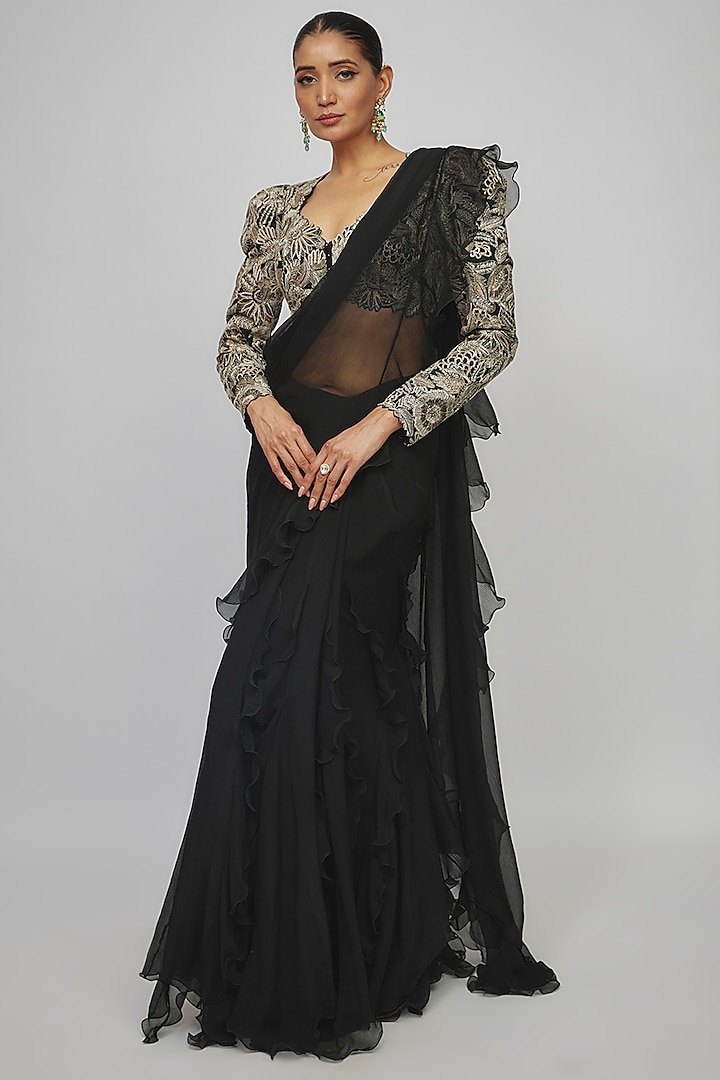 Black Chiffon Ruffled Lehenga Saree Set by Mrunalini Rao at Pernia's Pop Up Shop