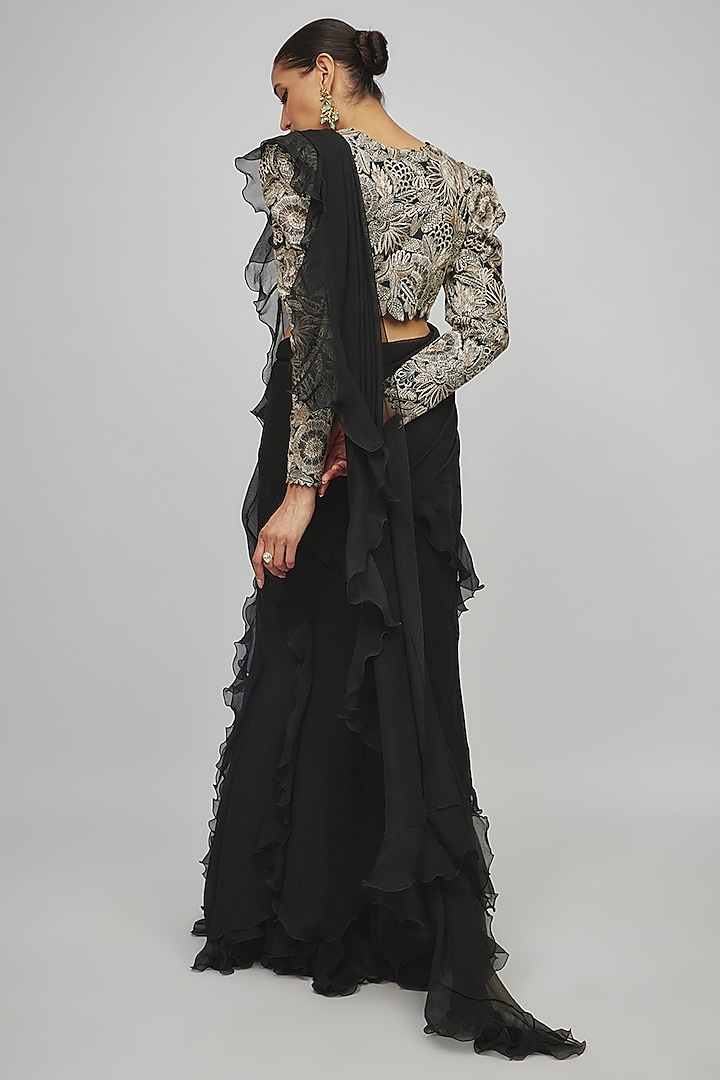 Black Chiffon Ruffled Reception Lehenga Saree Set by Mrunalini Rao at Pernia's Pop Up Shop