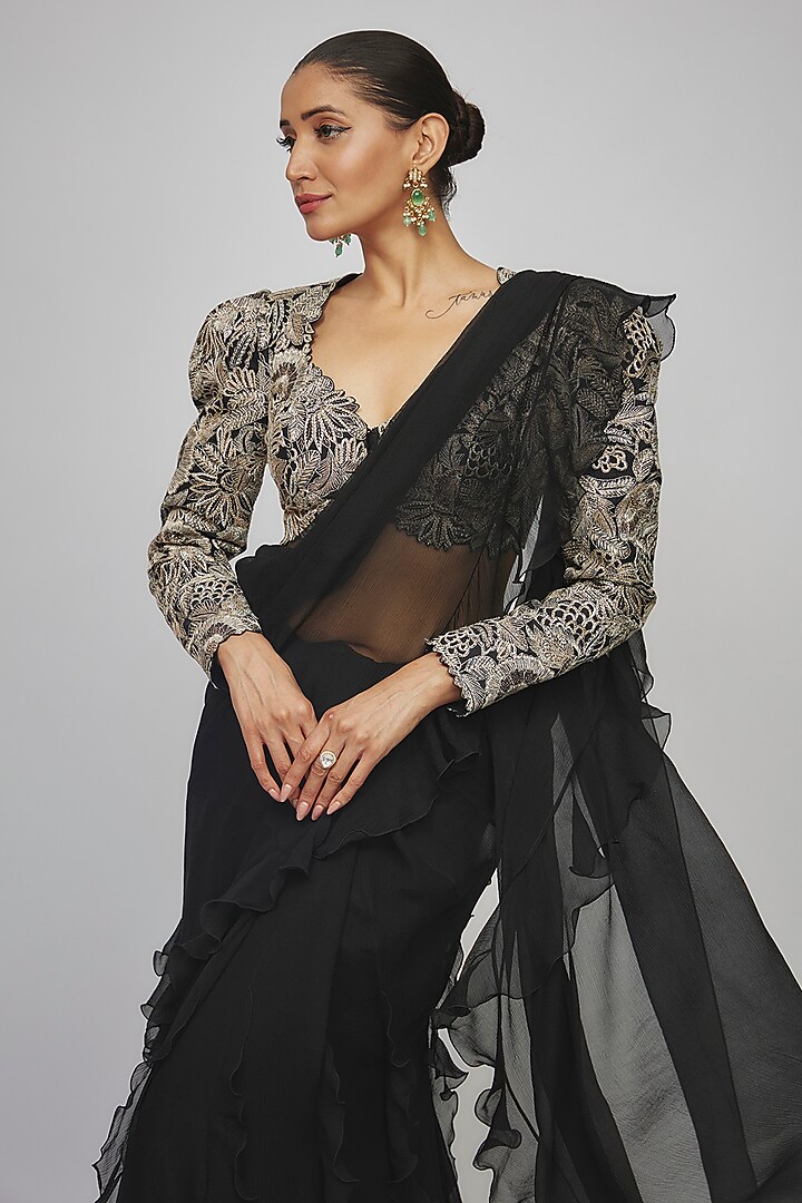 Black Chiffon Ruffled Reception Lehenga Saree Set by Mrunalini Rao at Pernia's Pop Up Shop