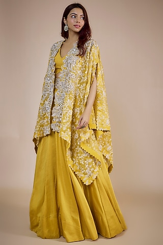 Mustard Pure Silk Hand Embroidered Jacket Lehenga Set by Mrunalini Rao
