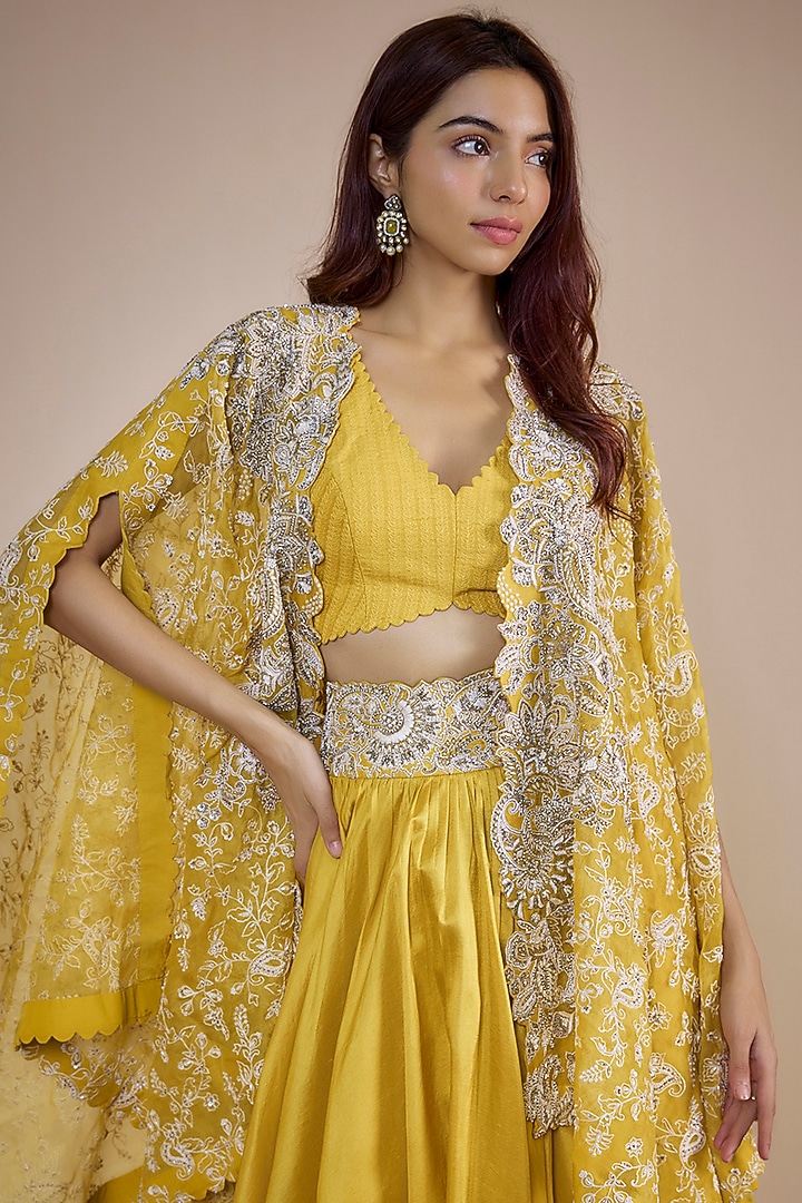 Mustard Pure Silk Hand Embroidered Jacket Bridal Lehenga Set by Mrunalini Rao at Pernia's Pop Up Shop