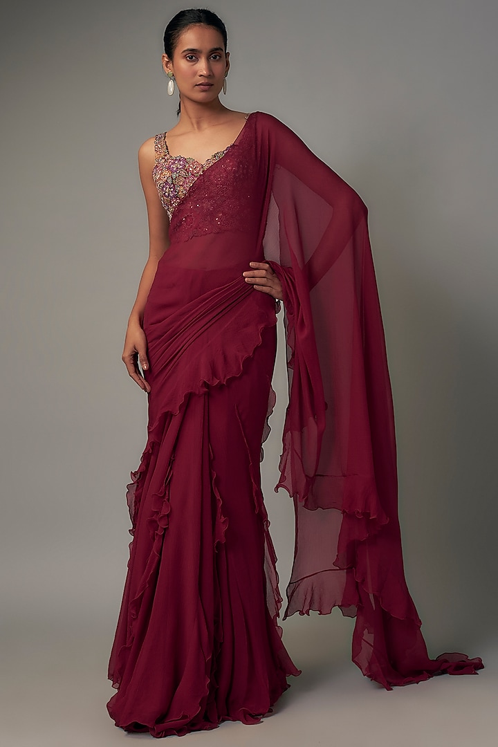 Red Chiffon Ruffled Saree Set by Mrunalini Rao at Pernia's Pop Up Shop