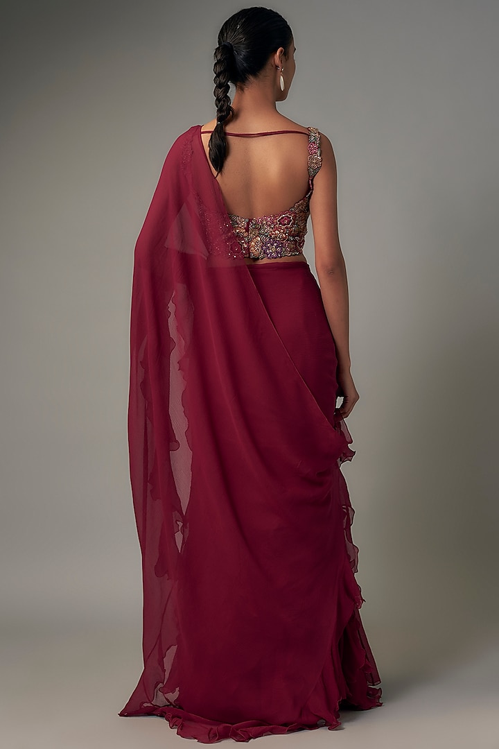 Red Chiffon Ruffled Reception Saree Set by Mrunalini Rao at Pernia's Pop Up Shop