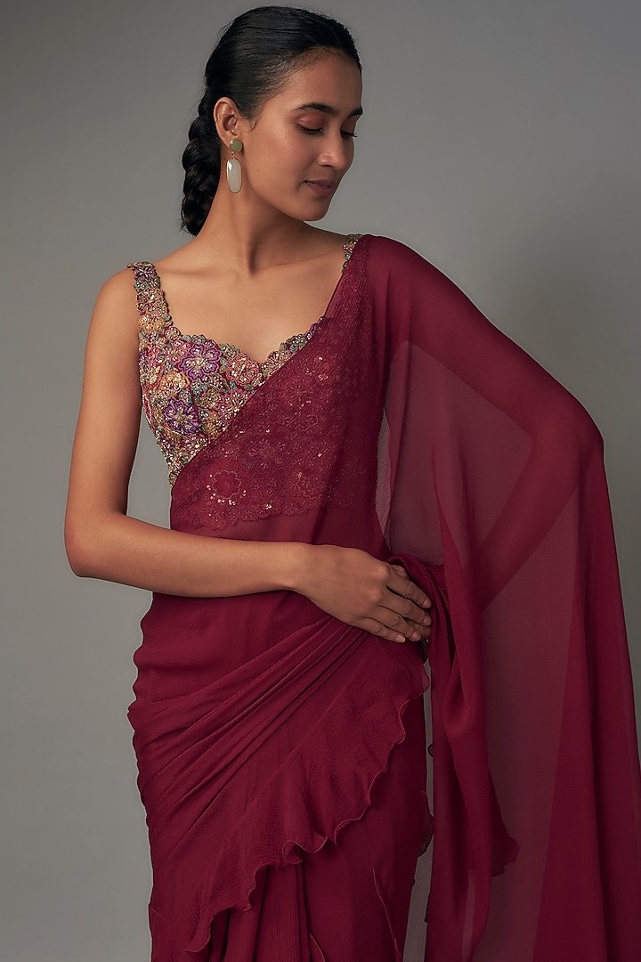 Red Chiffon Ruffled Reception Saree Set by Mrunalini Rao at Pernia's Pop Up Shop