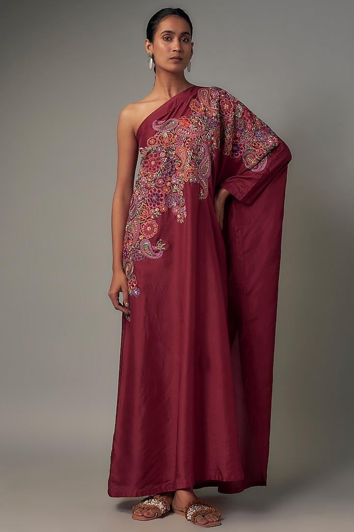 Red Pure Silk Resham Embroidered One-Shoulder Kaftan by Mrunalini Rao at Pernia's Pop Up Shop