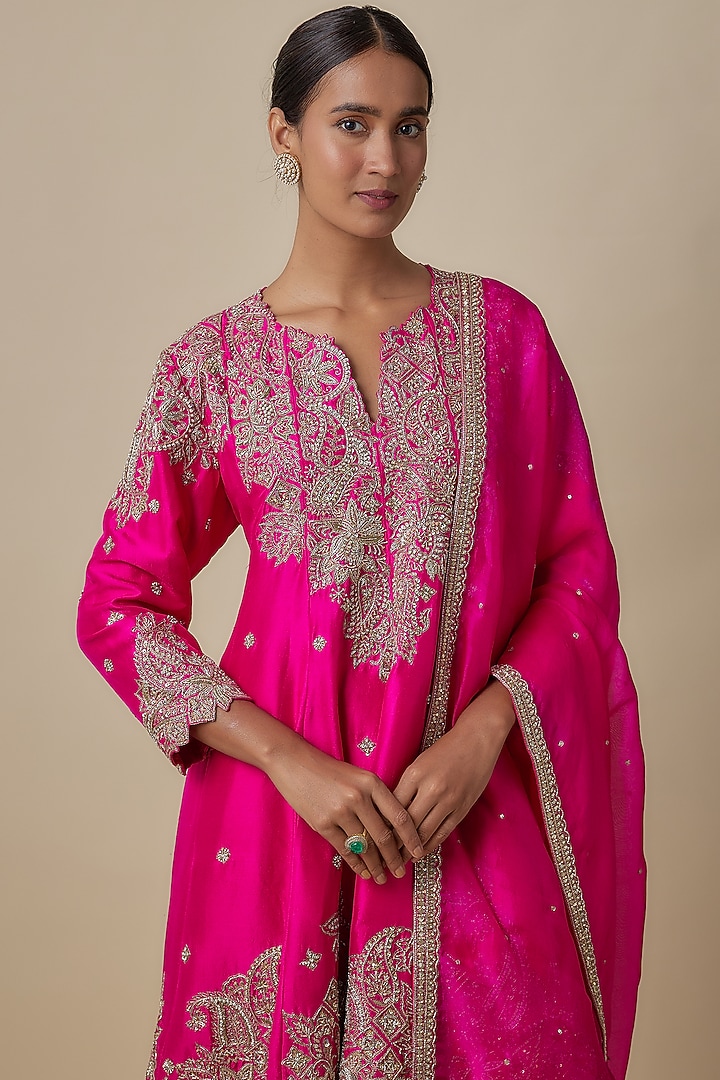 Fuchsia Pink Pure Silk Hand Embroidered Bridal Anarkali Set by Mrunalini Rao at Pernia's Pop Up Shop