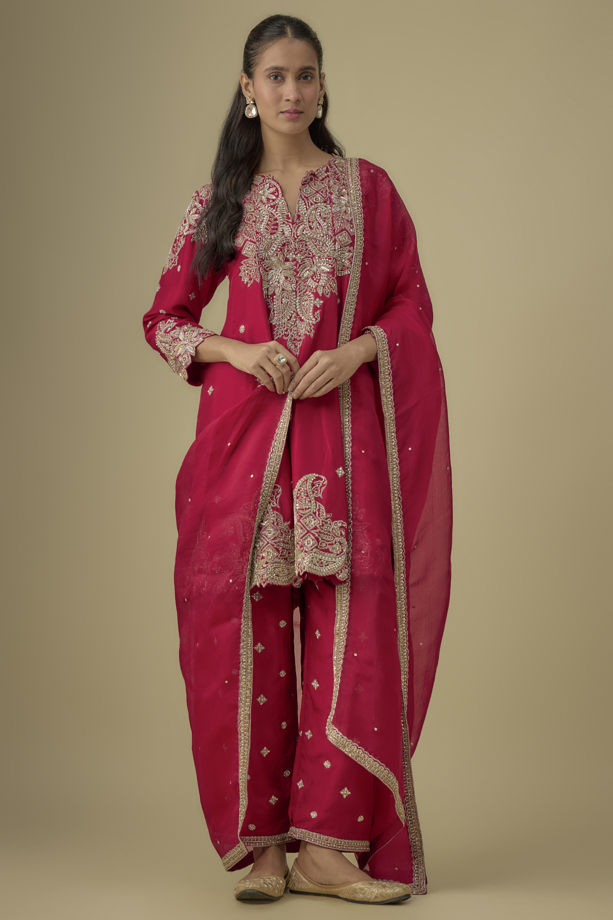 Red Silk Hand Embroidered Bridal Anarkali Set by Mrunalini Rao at Pernia's Pop Up Shop