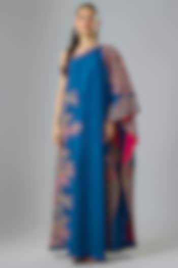 Royal Blue Pure Silk Zardosi Hand Embroidered One-Shoulder Party Wear Dress by Mrunalini Rao at Pernia's Pop Up Shop