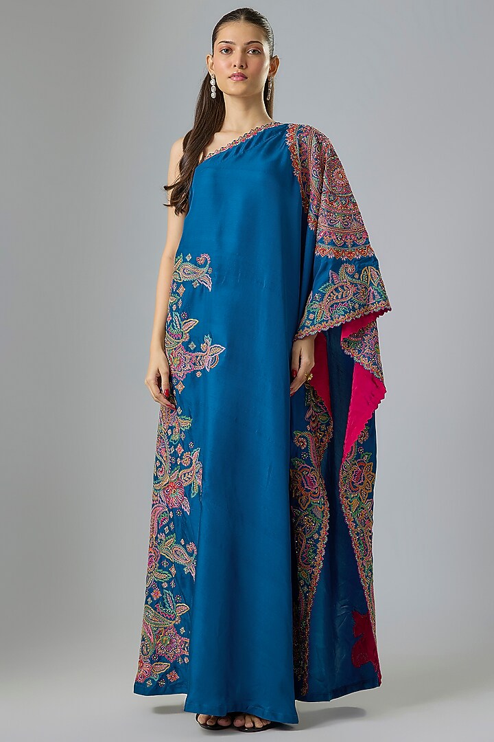 Royal Blue Pure Silk Zardosi Hand Embroidered One-Shoulder Party Wear Dress by Mrunalini Rao at Pernia's Pop Up Shop