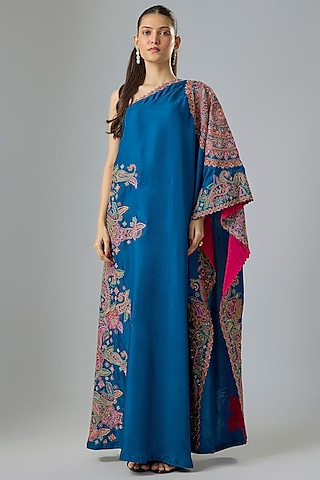 Royal Blue Pure Silk Zardosi Hand Embroidered One-Shoulder Dress by Mrunalini Rao