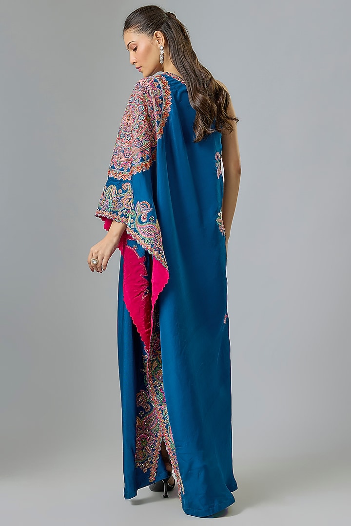 Royal Blue Pure Silk Zardosi Hand Embroidered One-Shoulder Party Wear Dress by Mrunalini Rao at Pernia's Pop Up Shop