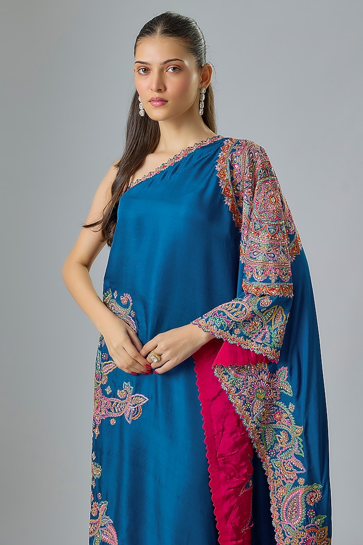Royal Blue Pure Silk Zardosi Hand Embroidered One-Shoulder Party Wear Dress by Mrunalini Rao at Pernia's Pop Up Shop