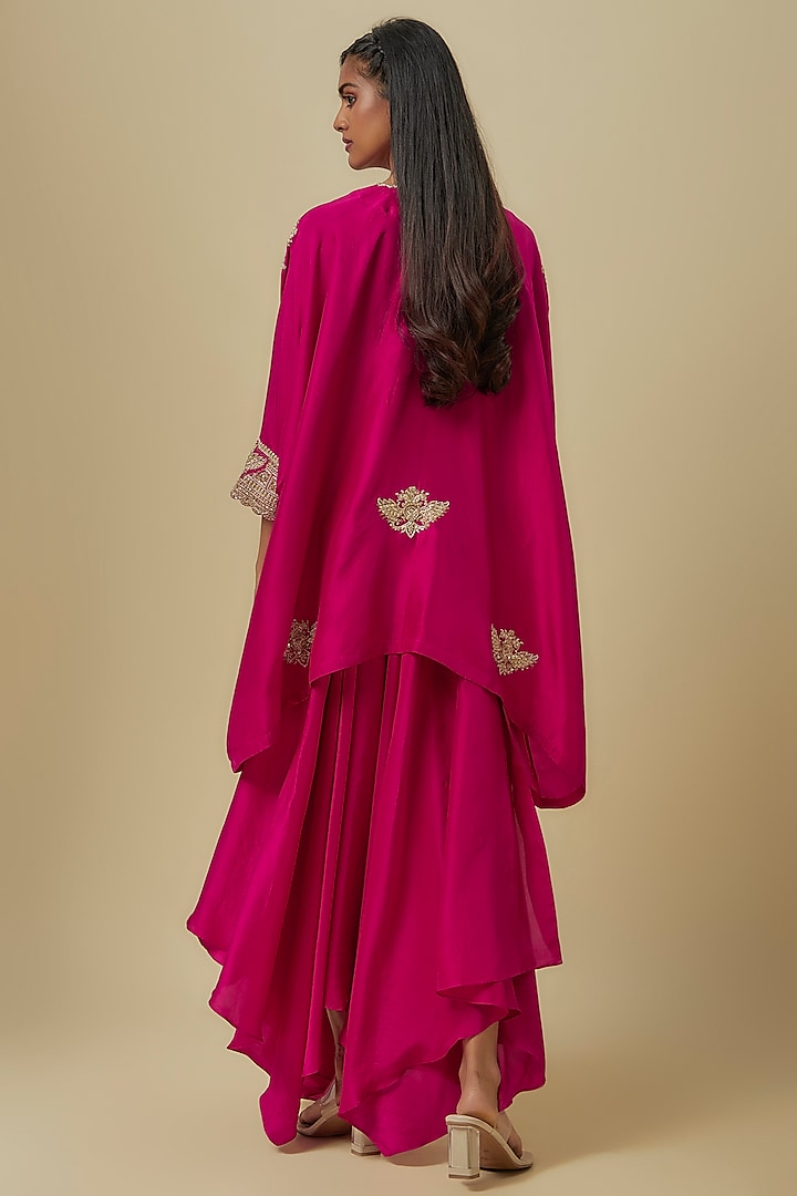 Hot Pink Pure Silk Zardosi Hand Embroidered Short Cuff Kurta Set by Mrunalini Rao at Pernia's Pop Up Shop