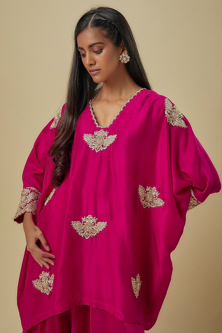 Hot Pink Pure Silk Zardosi Hand Embroidered Short Cuff Kurta Set by Mrunalini Rao at Pernia's Pop Up Shop