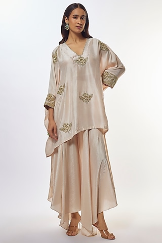 Ivory Pure Silk Zardosi Hand Embroidered Cuff Kurta Set by Mrunalini Rao