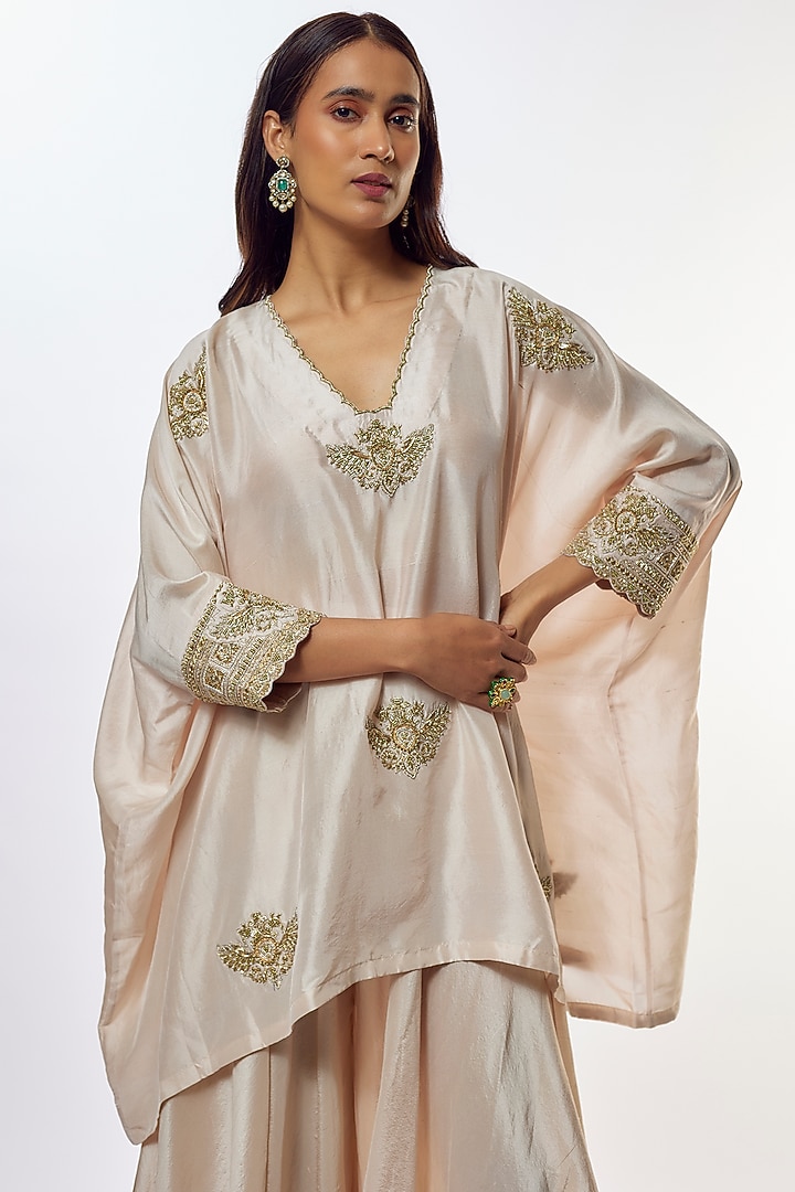 Ivory Pure Silk Zardosi Hand Embroidered Cuff Kurta Set by Mrunalini Rao at Pernia's Pop Up Shop