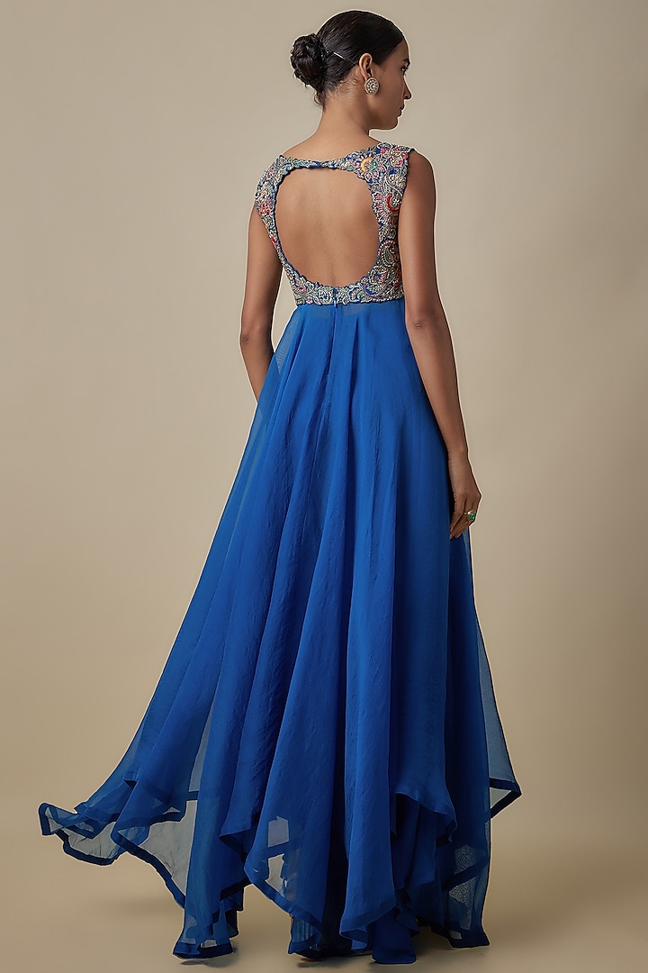 Royal Blue Raw Silk & Organza Zardosi Embroidered Bridal Anarkali Set by Mrunalini Rao at Pernia's Pop Up Shop
