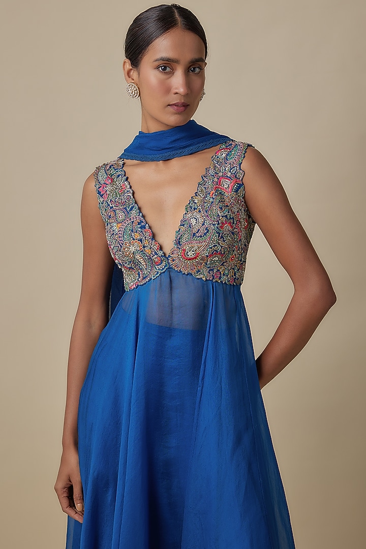 Royal Blue Raw Silk & Organza Zardosi Embroidered Bridal Anarkali Set by Mrunalini Rao at Pernia's Pop Up Shop
