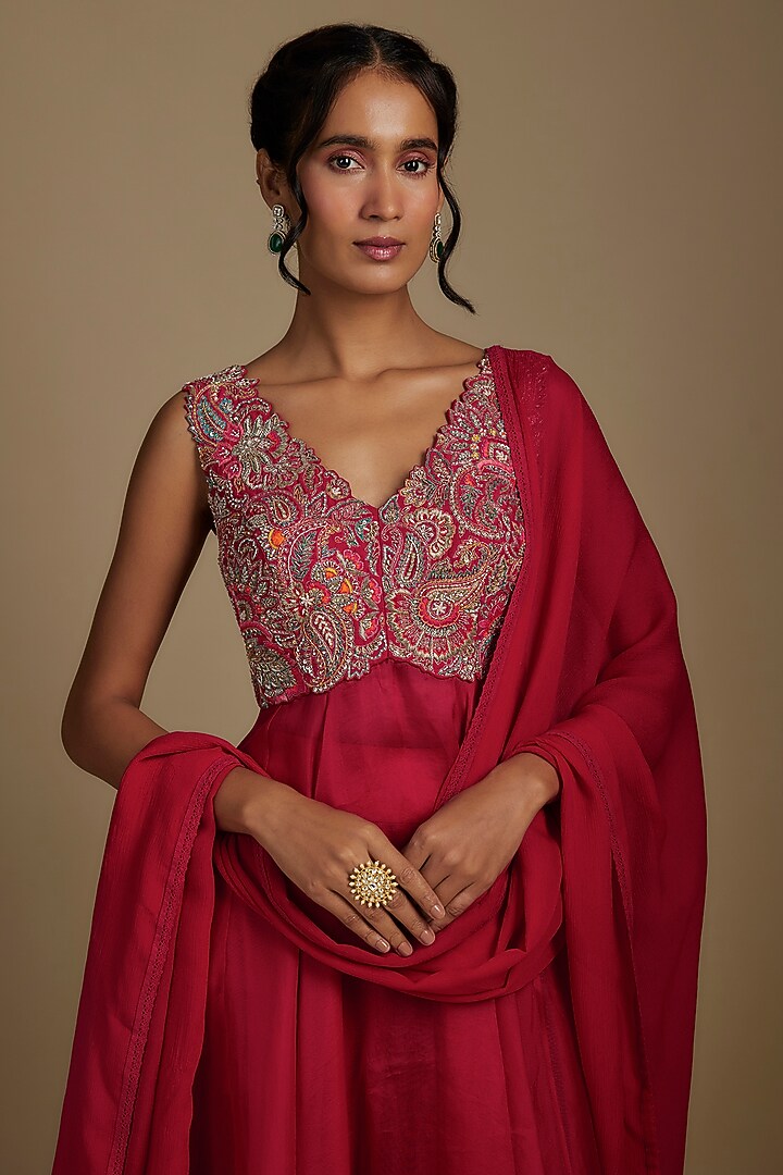 Red Raw Silk Zardosi Hand Embroidered Bridal Anarkali Set by Mrunalini Rao at Pernia's Pop Up Shop