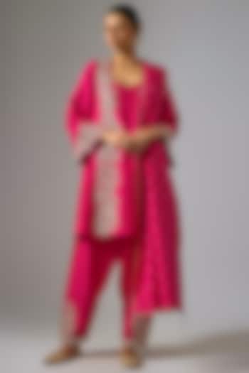 Hot pink Pure Silk Zardosi Hand Embroidered A-Line Kurta Set by Mrunalini Rao at Pernia's Pop Up Shop