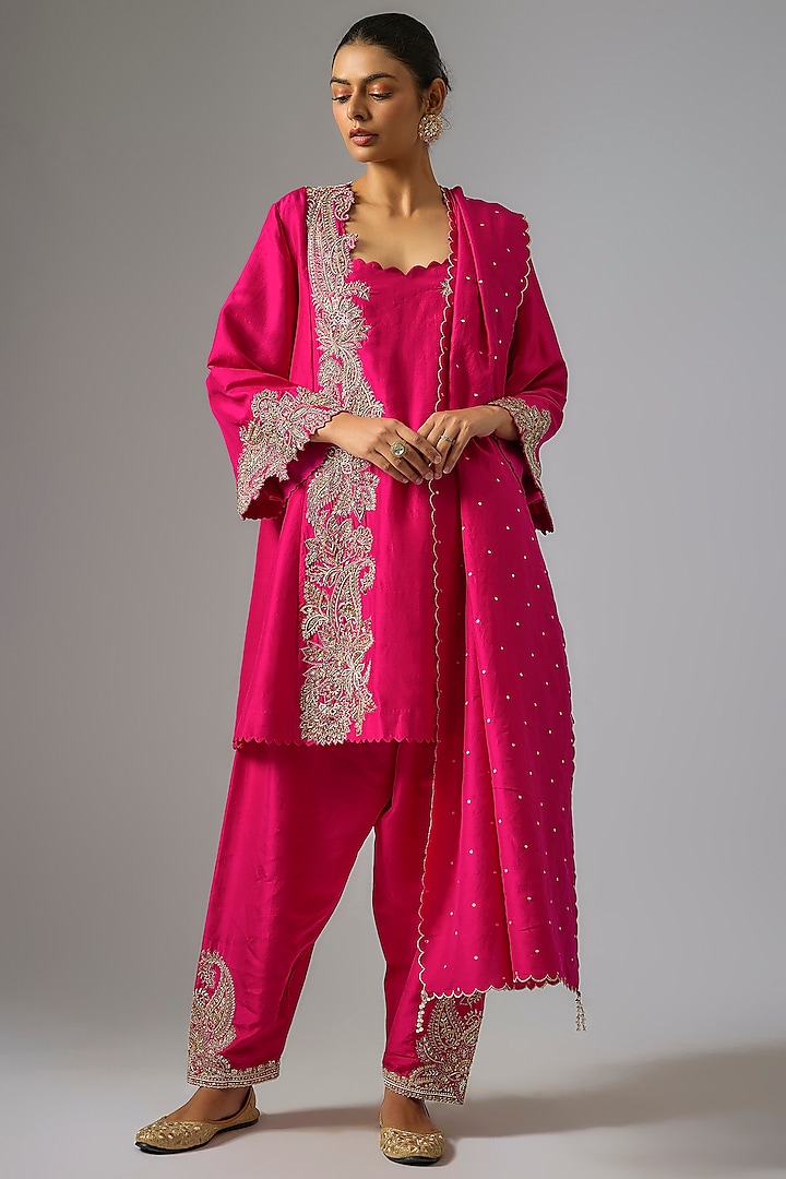 Hot pink Pure Silk Zardosi Hand Embroidered A-Line Kurta Set by Mrunalini Rao at Pernia's Pop Up Shop