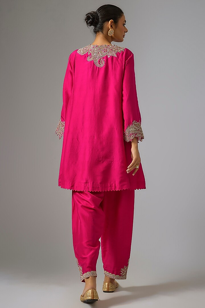 Hot pink Pure Silk Zardosi Hand Embroidered A-Line Kurta Set by Mrunalini Rao at Pernia's Pop Up Shop