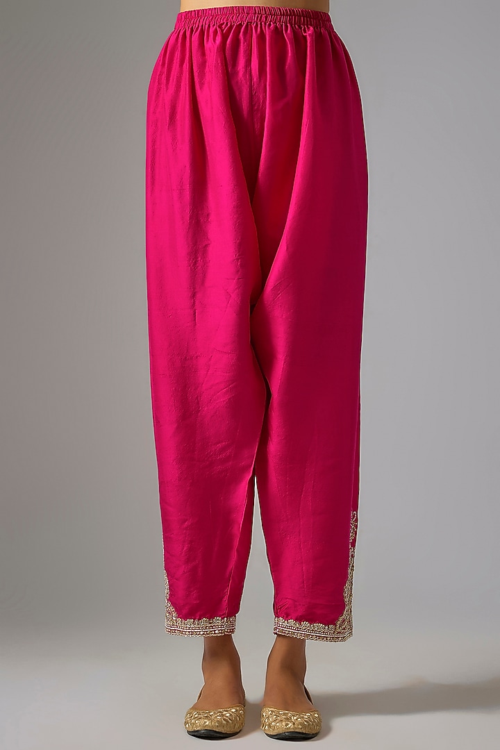 Hot pink Pure Silk Zardosi Hand Embroidered A-Line Kurta Set by Mrunalini Rao at Pernia's Pop Up Shop