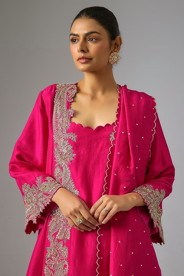 Hot pink Pure Silk Zardosi Hand Embroidered A-Line Kurta Set by Mrunalini Rao at Pernia's Pop Up Shop