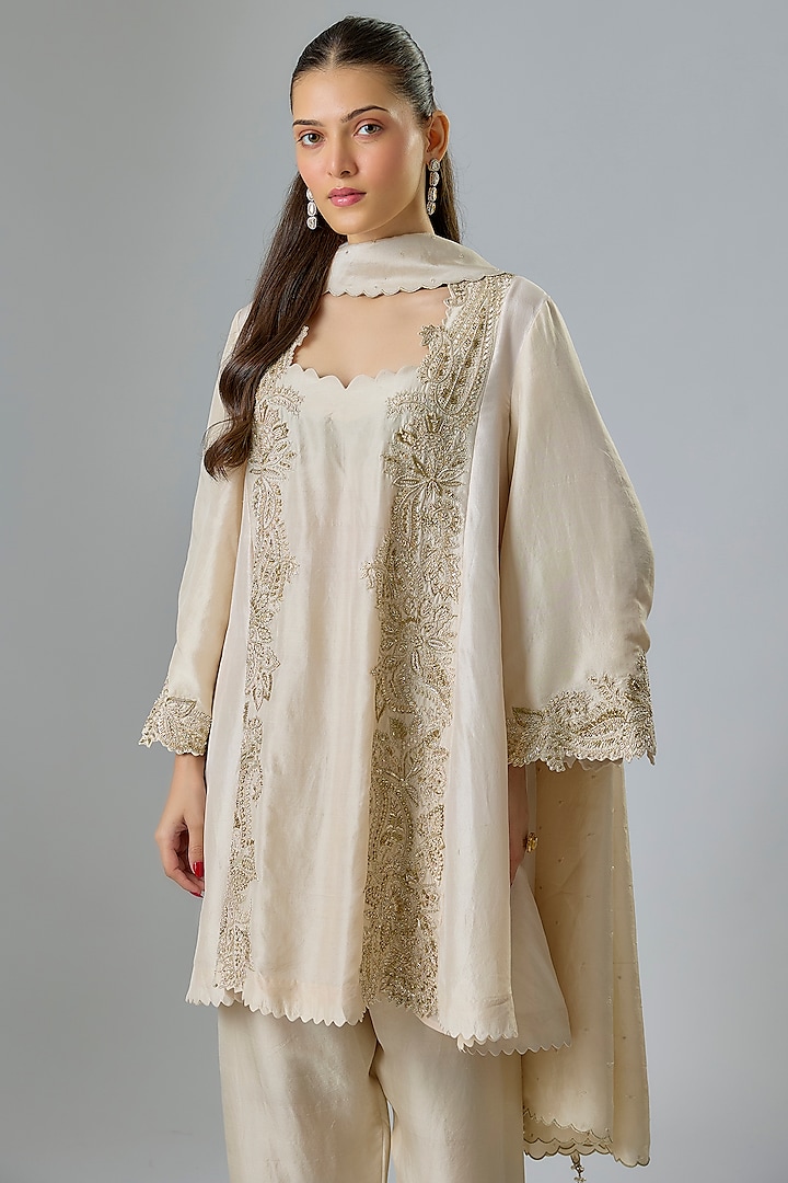 Ivory Pure Silk Zardosi Hand Embroidered A-Line Kurta Set by Mrunalini Rao at Pernia's Pop Up Shop