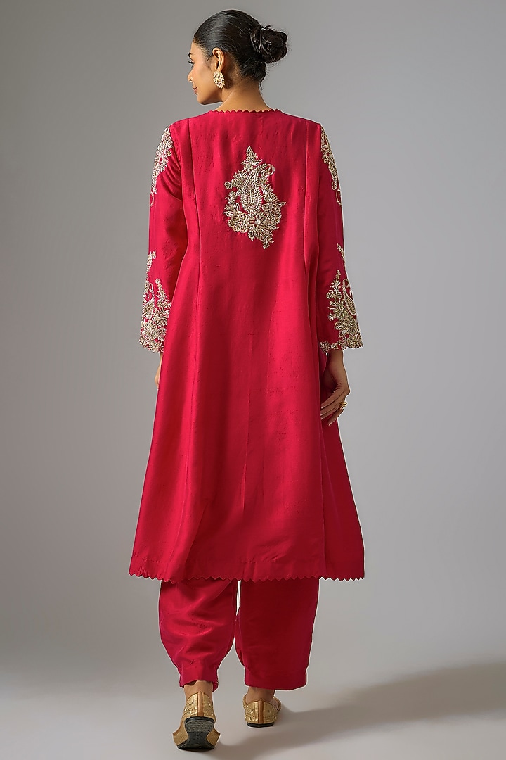 Red Silk Zardosi Hand Embroidered Kurta Set by Mrunalini Rao at Pernia's Pop Up Shop