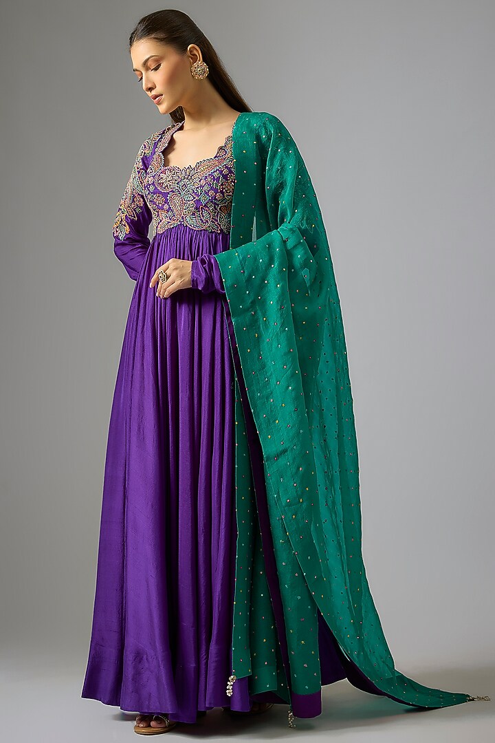 Purple Silk Zardosi Hand Embroidered Bridal Anarkali Set by Mrunalini Rao at Pernia's Pop Up Shop