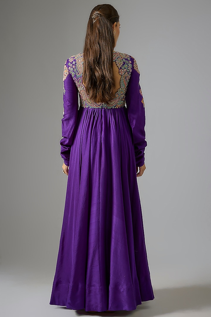 Purple Silk Zardosi Hand Embroidered Bridal Anarkali Set by Mrunalini Rao at Pernia's Pop Up Shop