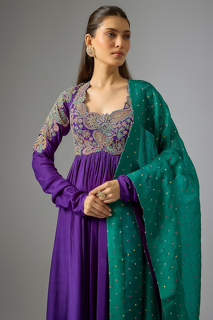 Purple Silk Zardosi Hand Embroidered Bridal Anarkali Set by Mrunalini Rao at Pernia's Pop Up Shop