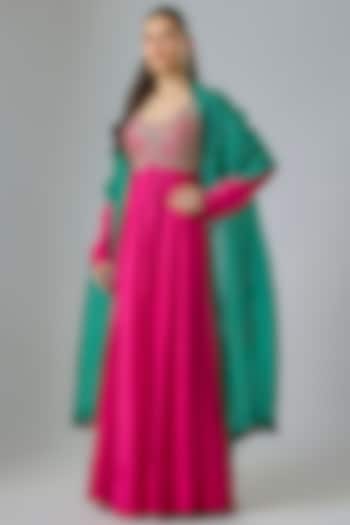Hot Pink Pure Silk Zardosi Hand Embroidered Bridal Anarkali Set by Mrunalini Rao at Pernia's Pop Up Shop