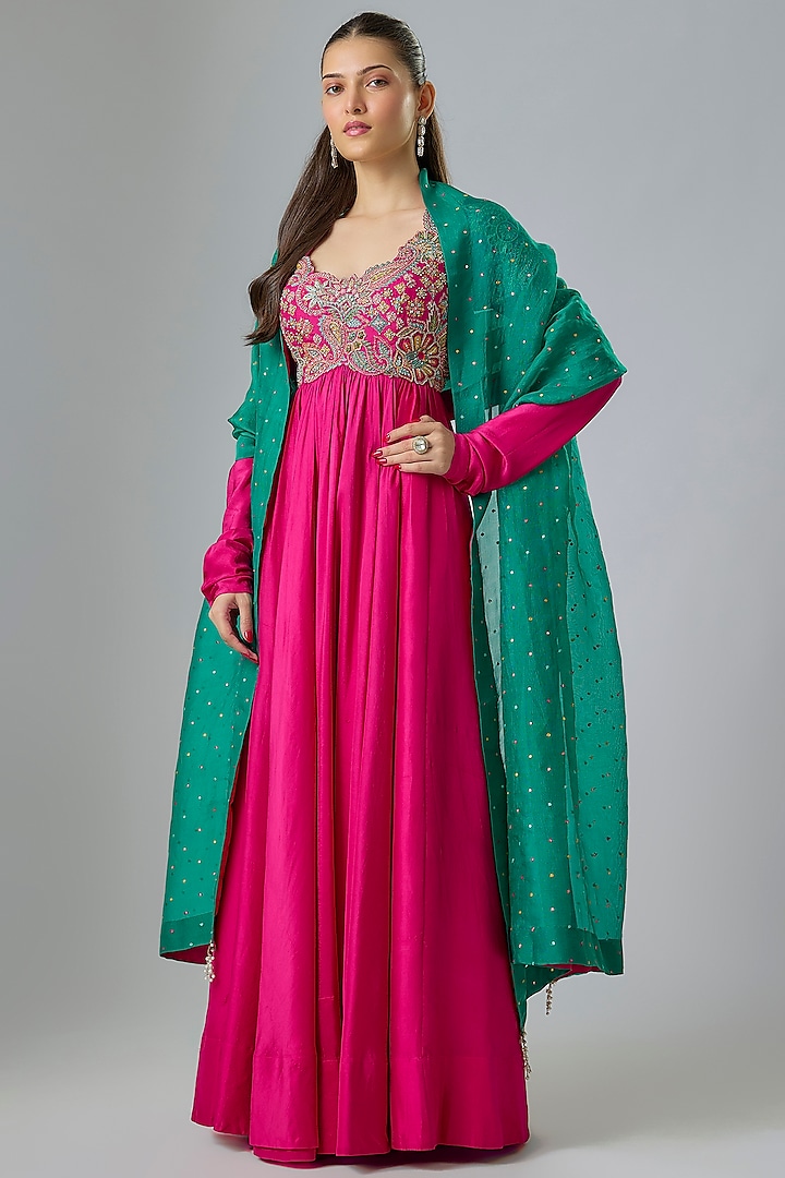 Hot Pink Pure Silk Zardosi Hand Embroidered Bridal Anarkali Set by Mrunalini Rao at Pernia's Pop Up Shop