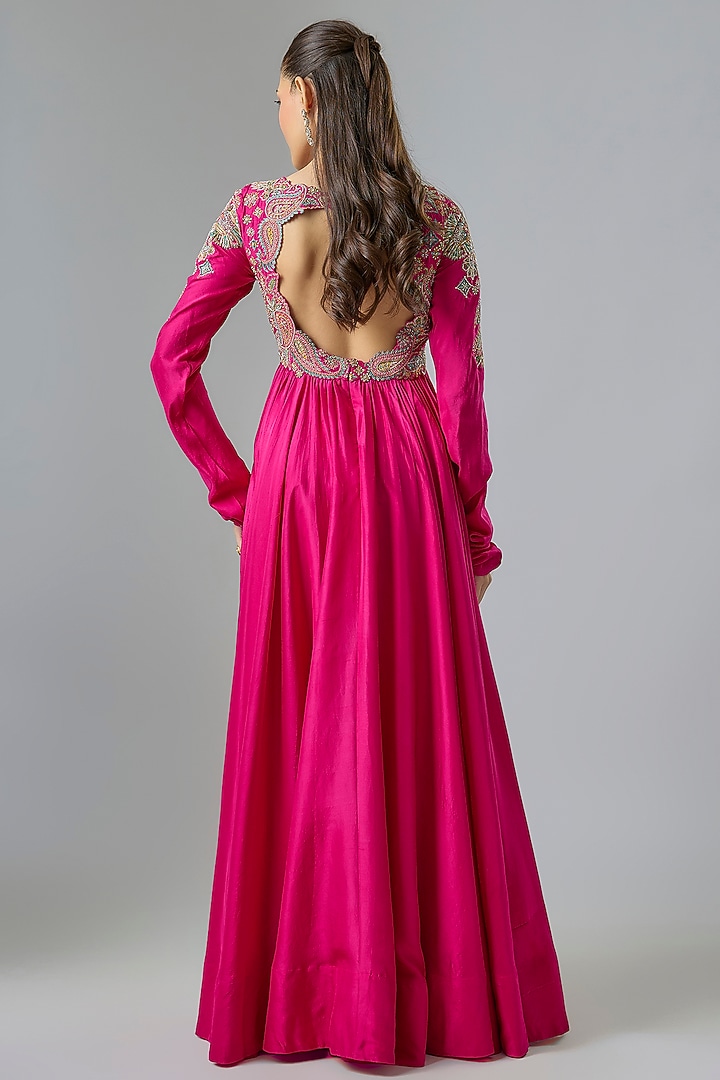Hot Pink Pure Silk Zardosi Hand Embroidered Bridal Anarkali Set by Mrunalini Rao at Pernia's Pop Up Shop