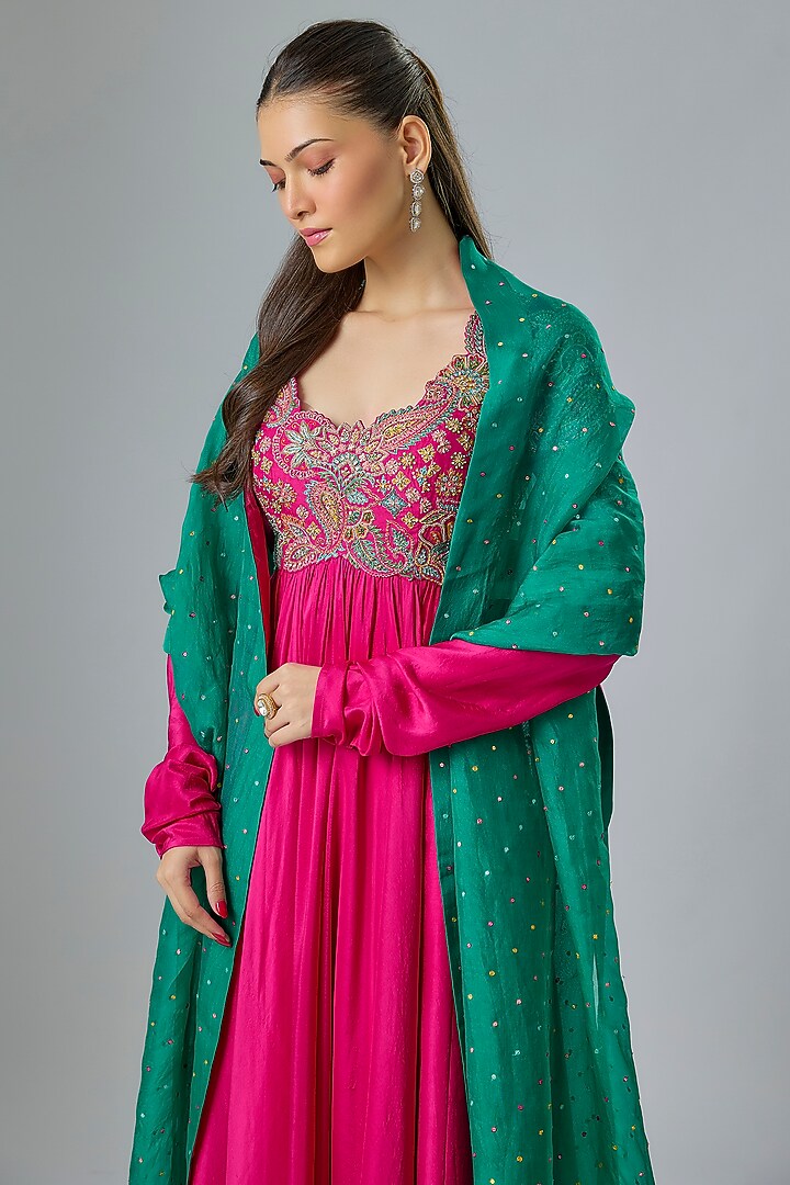 Hot Pink Pure Silk Zardosi Hand Embroidered Bridal Anarkali Set by Mrunalini Rao at Pernia's Pop Up Shop
