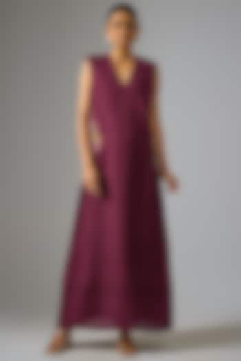 Burgundy Matka Silk Hand Embroidered Cocktail Dress by Mrunalini Rao at Pernia's Pop Up Shop