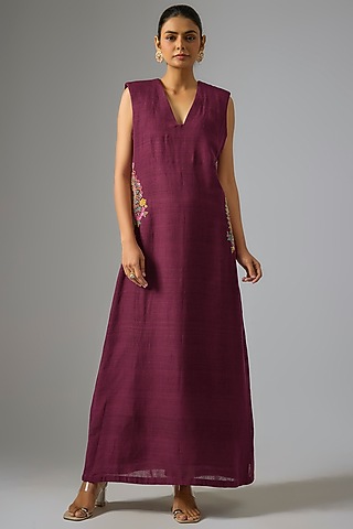 Burgundy Matka Silk Hand Embroidered Dress by Mrunalini Rao