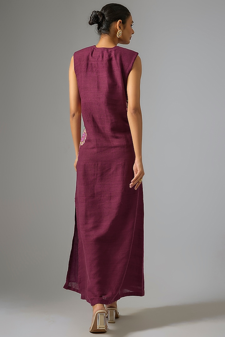 Burgundy Matka Silk Hand Embroidered Cocktail Dress by Mrunalini Rao at Pernia's Pop Up Shop