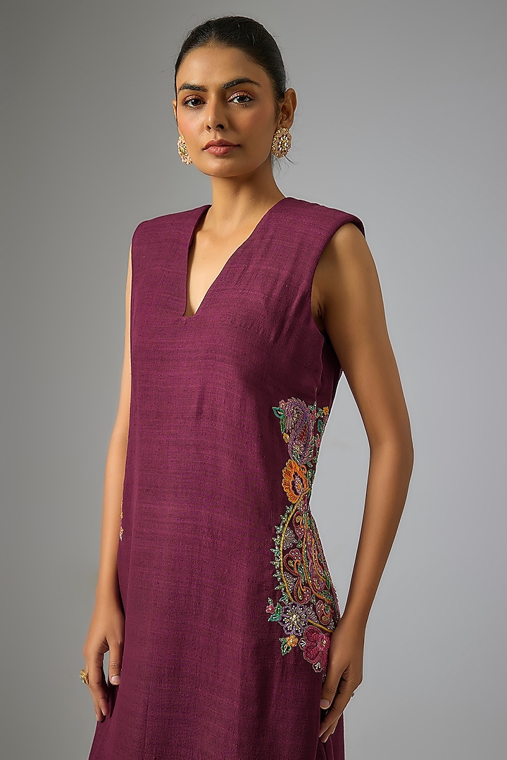 Burgundy Matka Silk Hand Embroidered Cocktail Dress by Mrunalini Rao at Pernia's Pop Up Shop