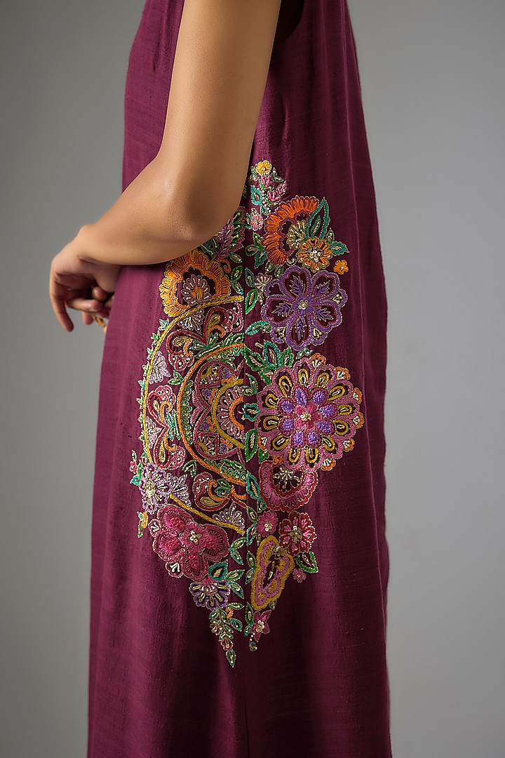Burgundy Matka Silk Hand Embroidered Cocktail Dress by Mrunalini Rao at Pernia's Pop Up Shop