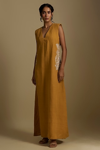 Yellow Matka Silk Pearl Hand Embroidered Dress by Mrunalini Rao